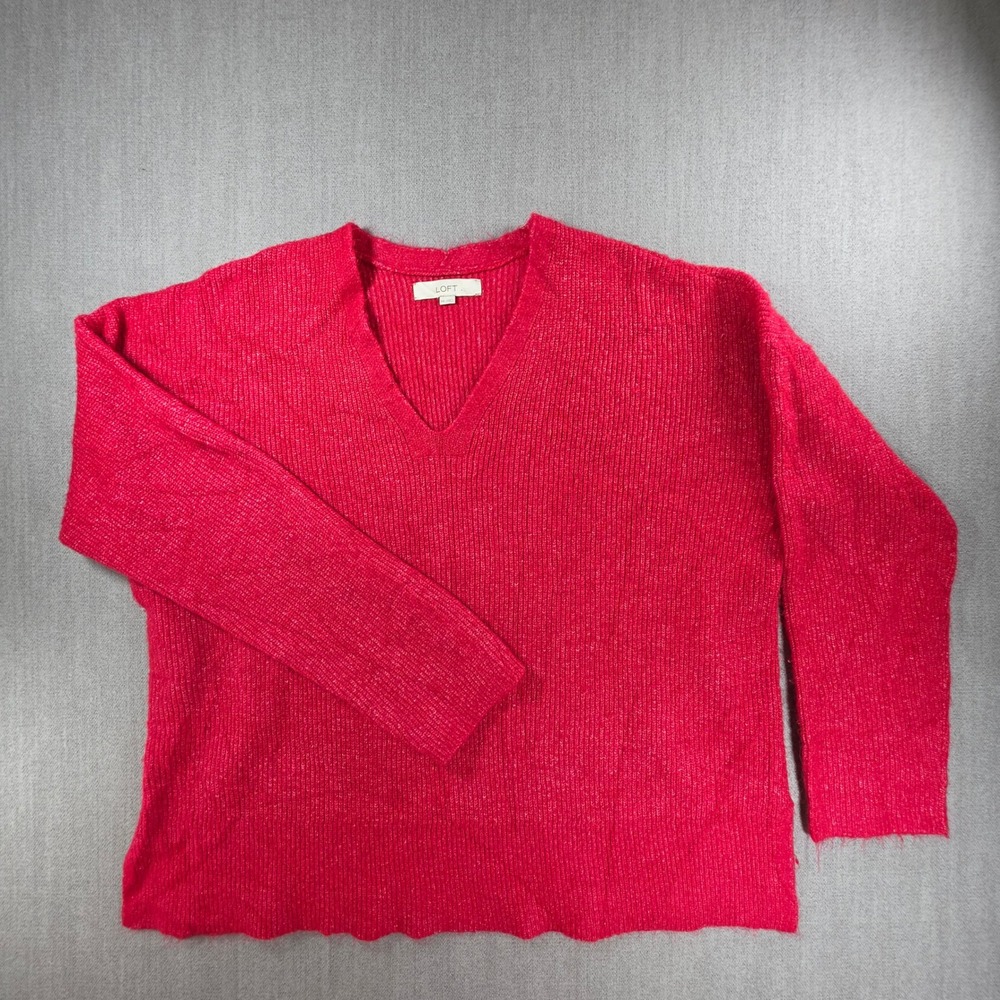 LOFT Sweater Women XXL Red V-Neck Ribbed Knit Long Sleeve Pullover